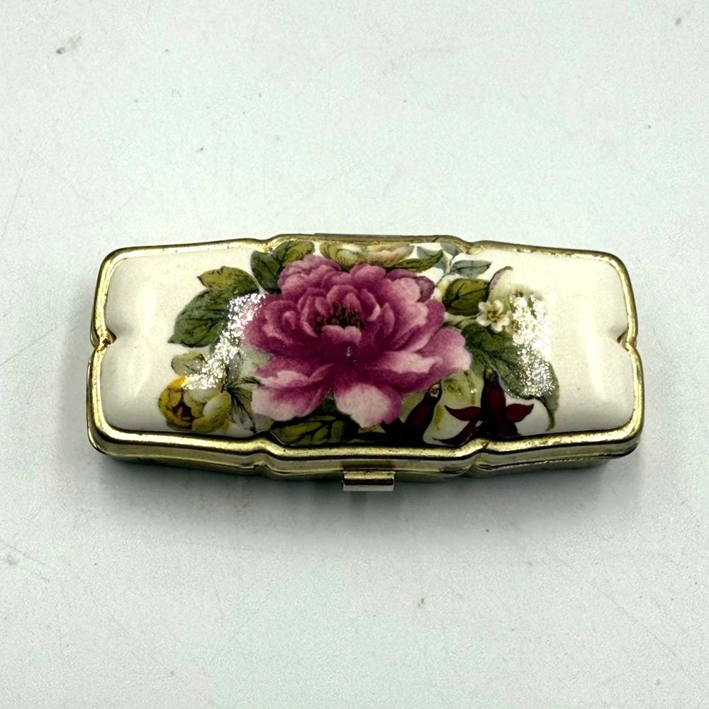 Vintage Floral Ceramic Pill Box Gold Tone 3 Compartment Pink Rose Case